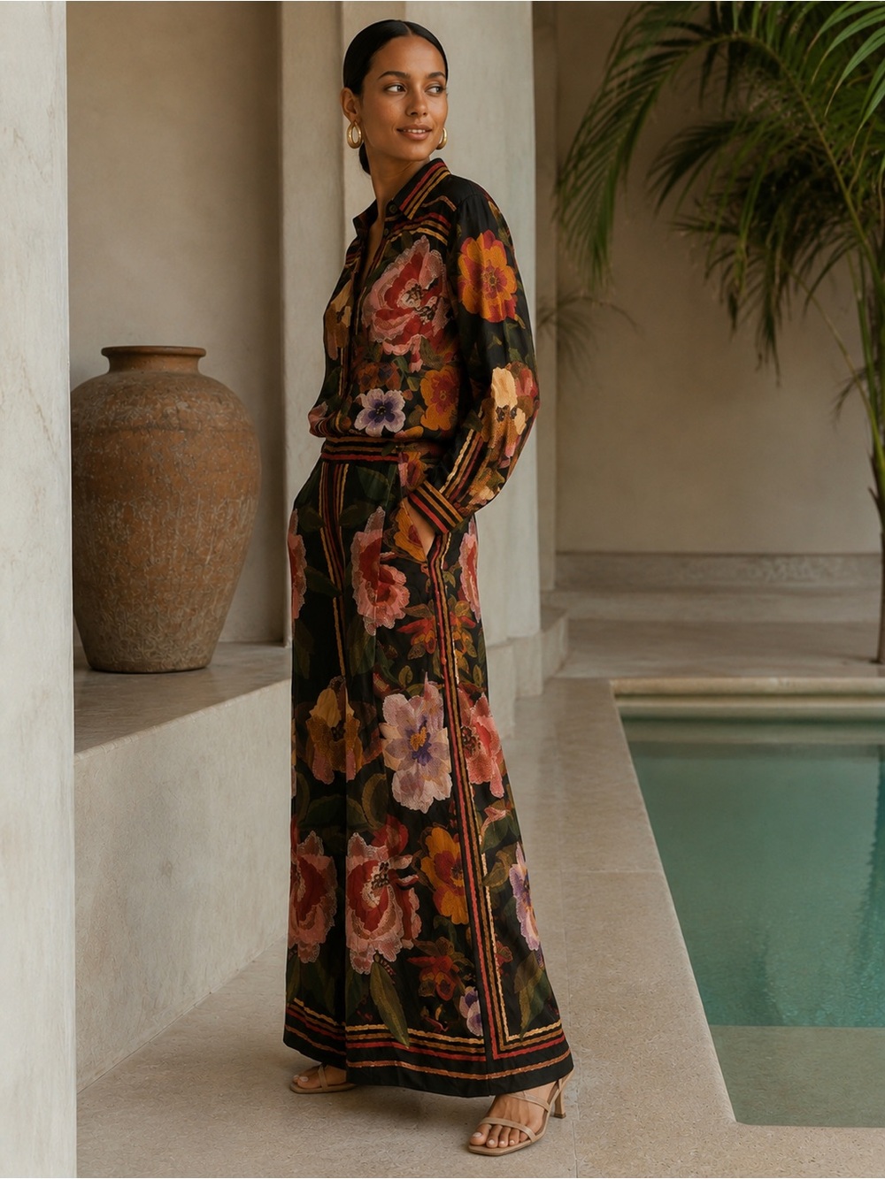 FARM Rio Black Floral Wide-Leg Pants Set